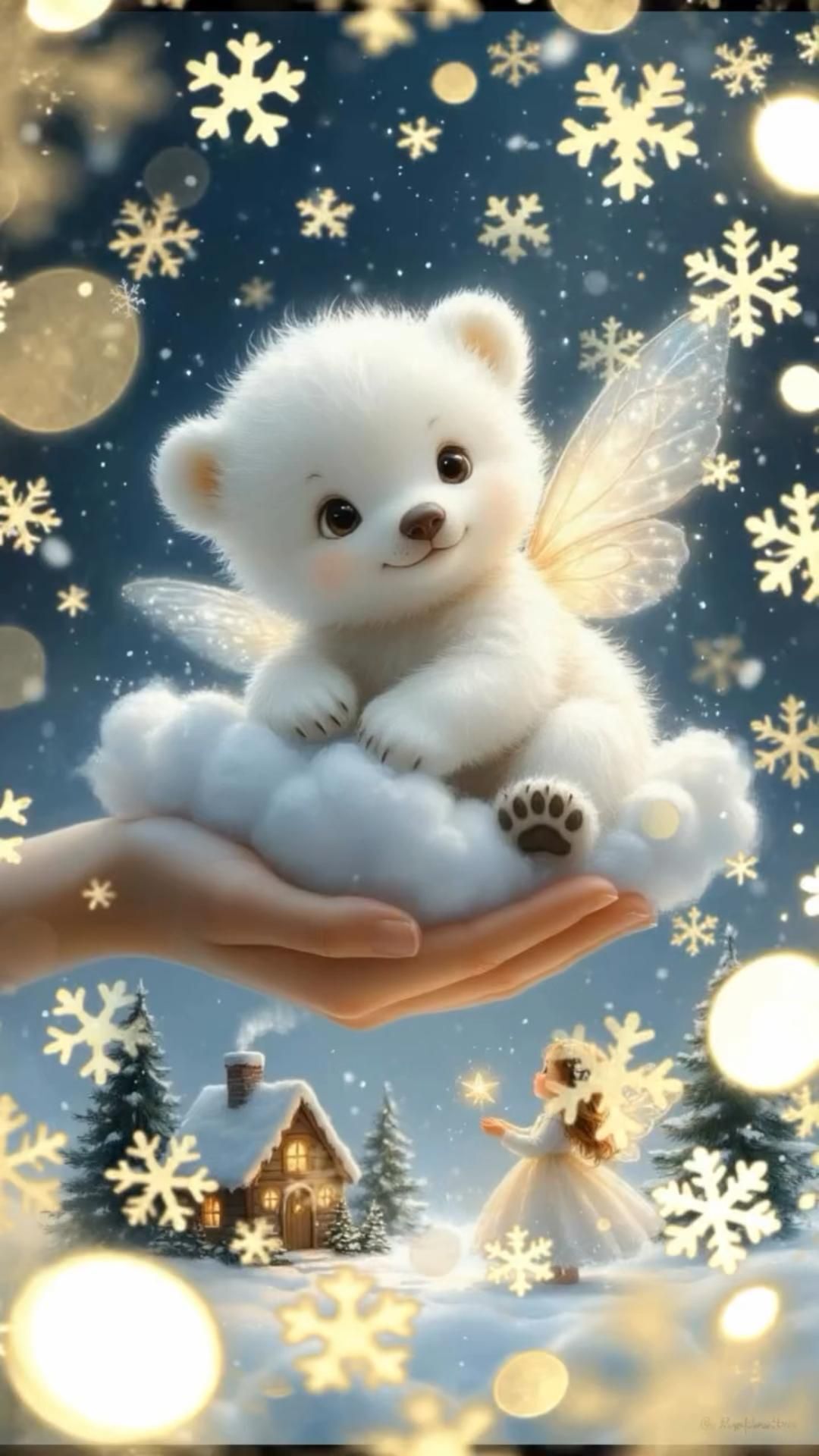 Открытка на Зиму. a small white teddy bear sitting on top of a person's hand in front of snowflakes