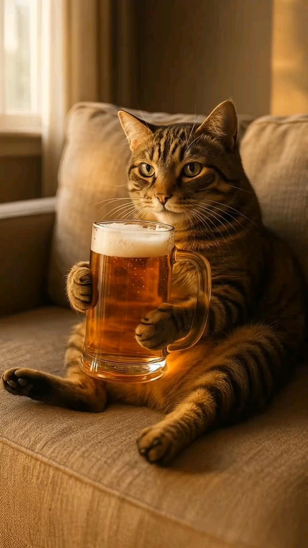Открытка на пятницу. Кот с бокалом в кресле. a cat is sitting on a couch with a beer mug in it's paws