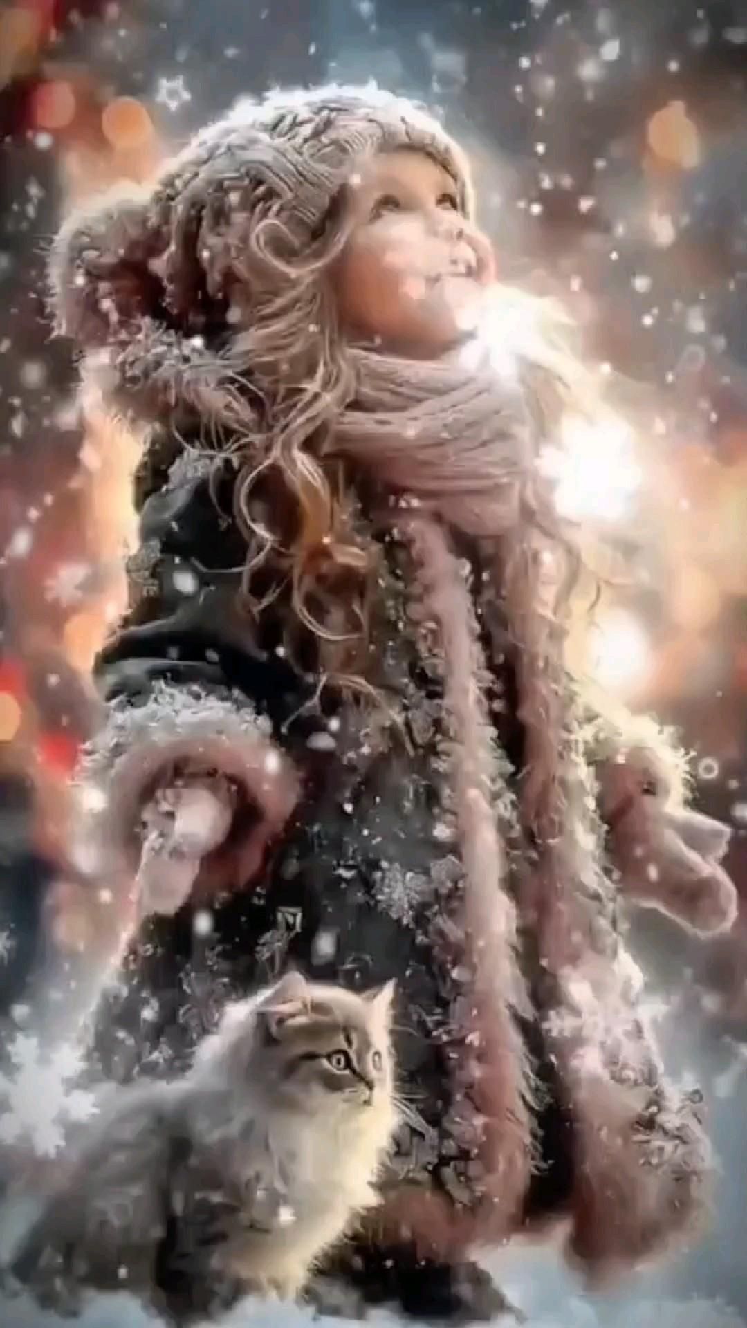 Открытка про кошек, котиков. чудесного дня a painting of a girl and her cat in the snow