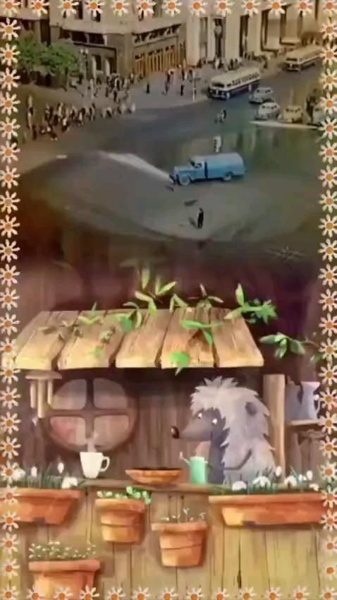 Пожелания на каждый день. an image of a street scene with animals on the roof and in the background there are potted plants