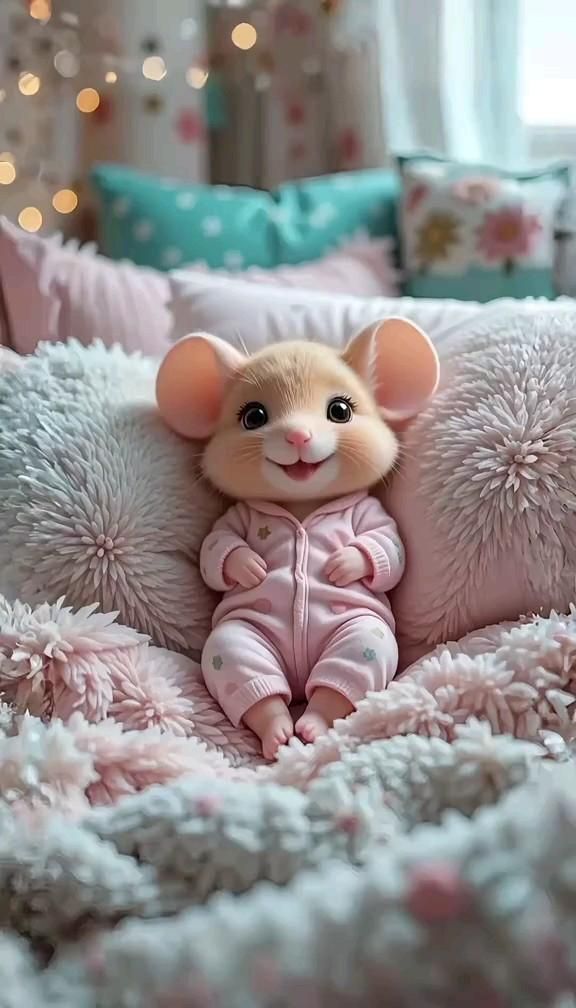 Открытка добрый вечер. Мышка на диване. a little mouse sitting on top of a pink bed in a room filled with pillows