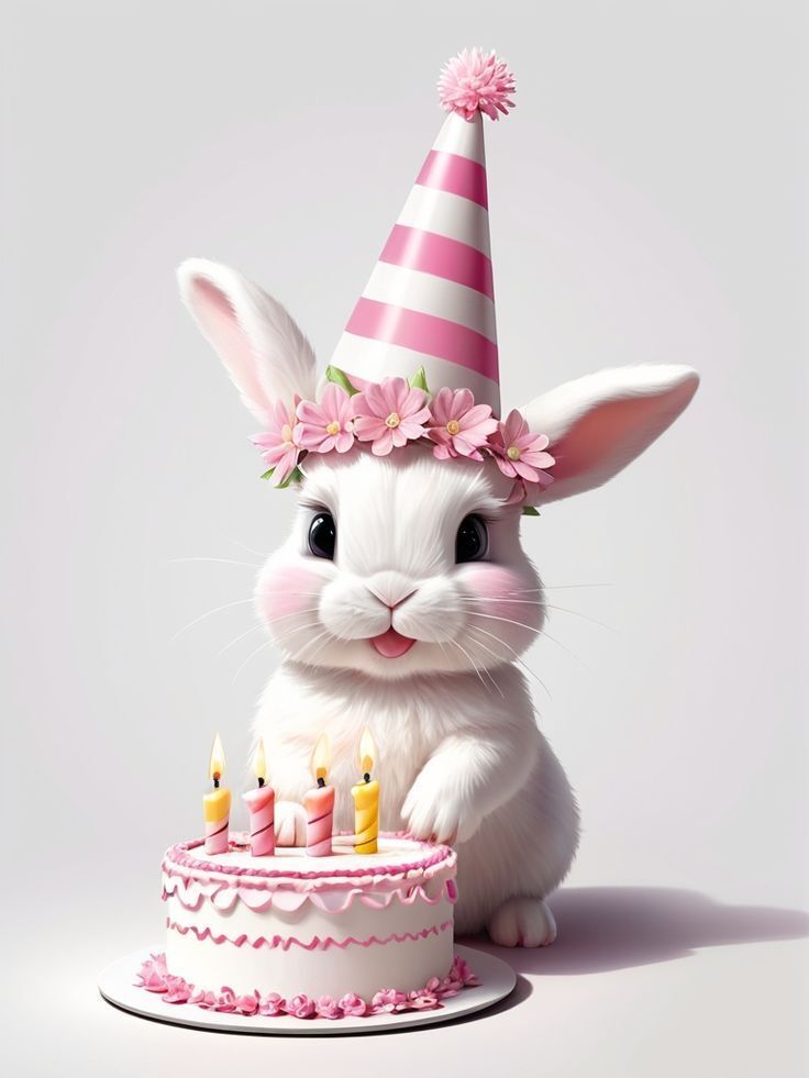 Открытка с днем рождения. Rabbit happy birthday a white rabbit sitting in front of a birthday cake