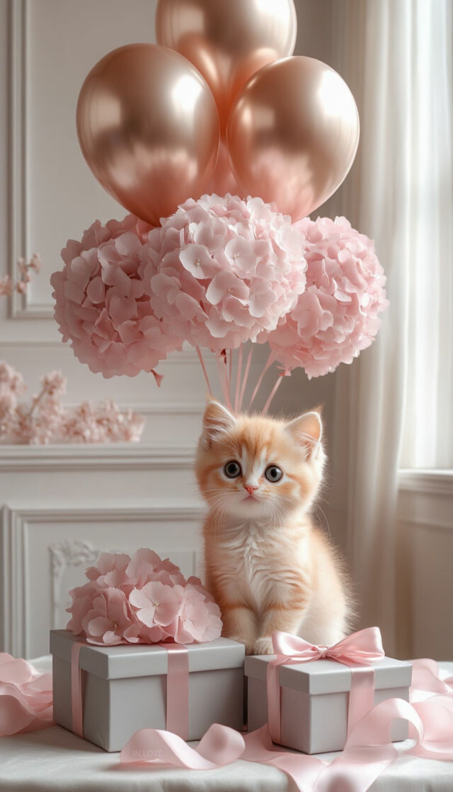Открытка с днем рождения. С котиком без текста. a small kitten sitting on top of a table with pink flowers and balloons in the air