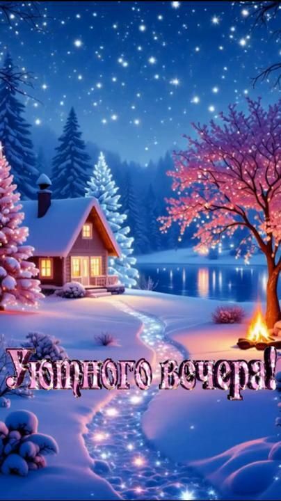 Открытка добрый зимний вечер. Уютного вечера!✨❄✨#добрыепожелания#видеооткрытка#музыкальнаяоткрытка#вечерняяатмосфера a winter scene with a house and trees in the snow, lit by lights from candles Открытка добрый зимний вечер. Уютного вечера!✨❄✨#добрыепожелания#видеооткрытка#музыкальнаяоткрытка#вечерняяатмосфера a winter scene with a house and trees in the snow, lit by lights from candles
