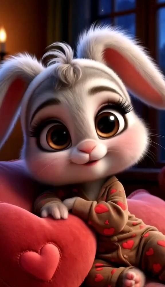 Открытка люблю тебя. a cartoon bunny sitting on top of a red heart pillow with candles in the background