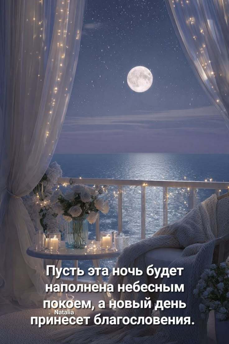 Открытка спокойной ночи. Пусть эта ночь будет наполнена небесным покоем, а новый день принесет благословения. an image of a balcony at night with the moon in the sky and flowers on the table