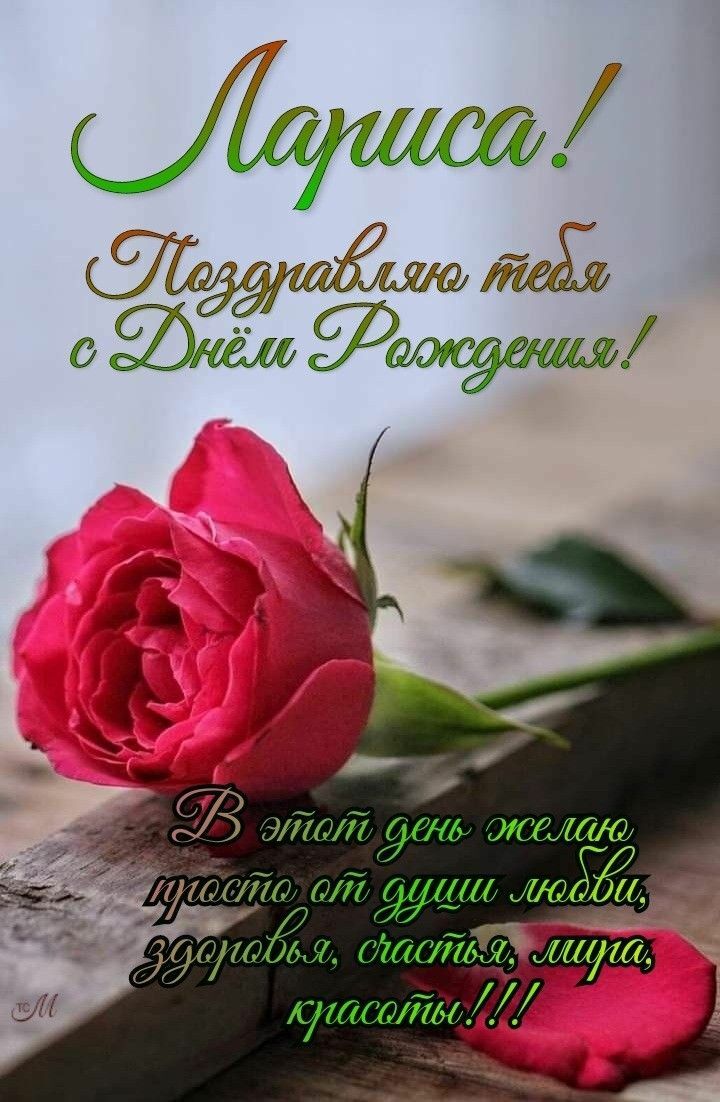 Открытка с днем рождения Лариса Лара. a pink rose sitting on top of a wooden table