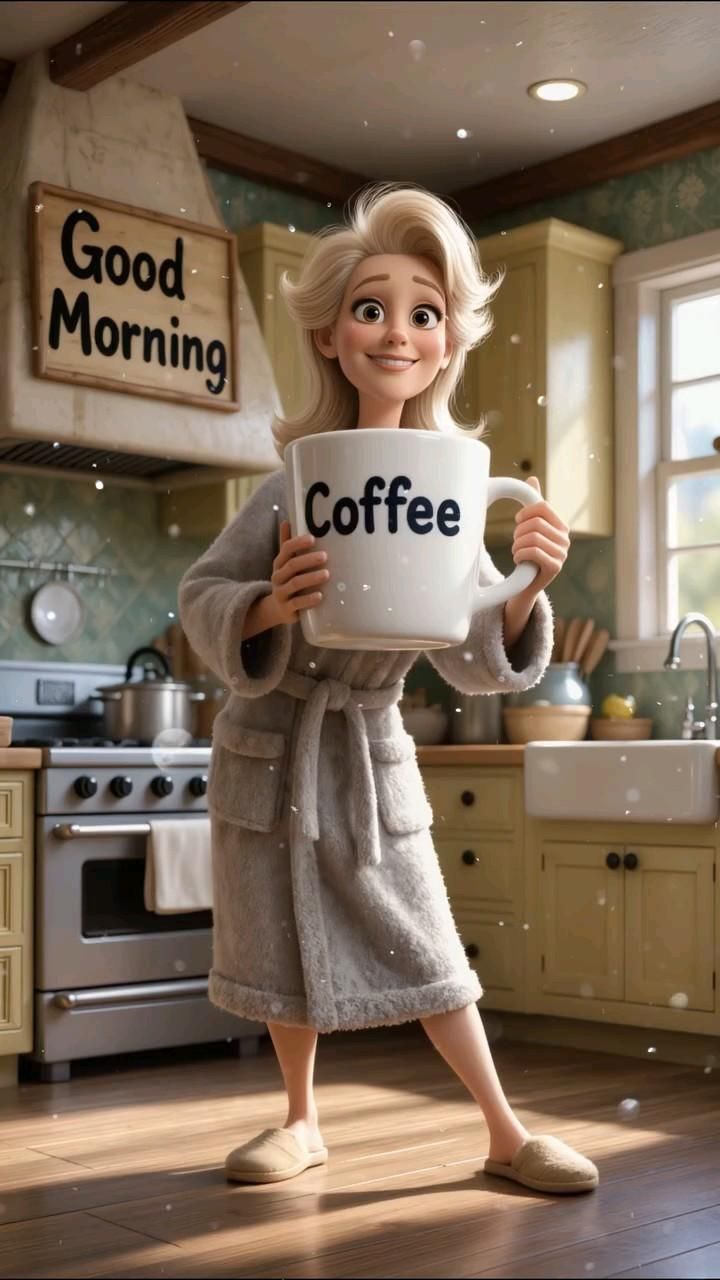 Открытка с добрым утром. a cartoon character holding up a coffee sign in a kitchen with the words good morning on it