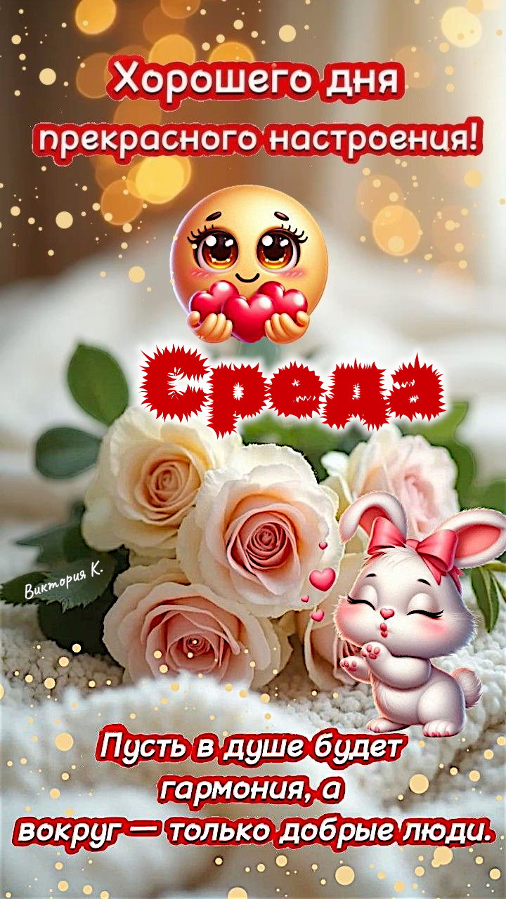 Открытка на среду. Хорошего дня! Среда. a bunny and roses. Зайчик и цветы, смайлик, пожелания.