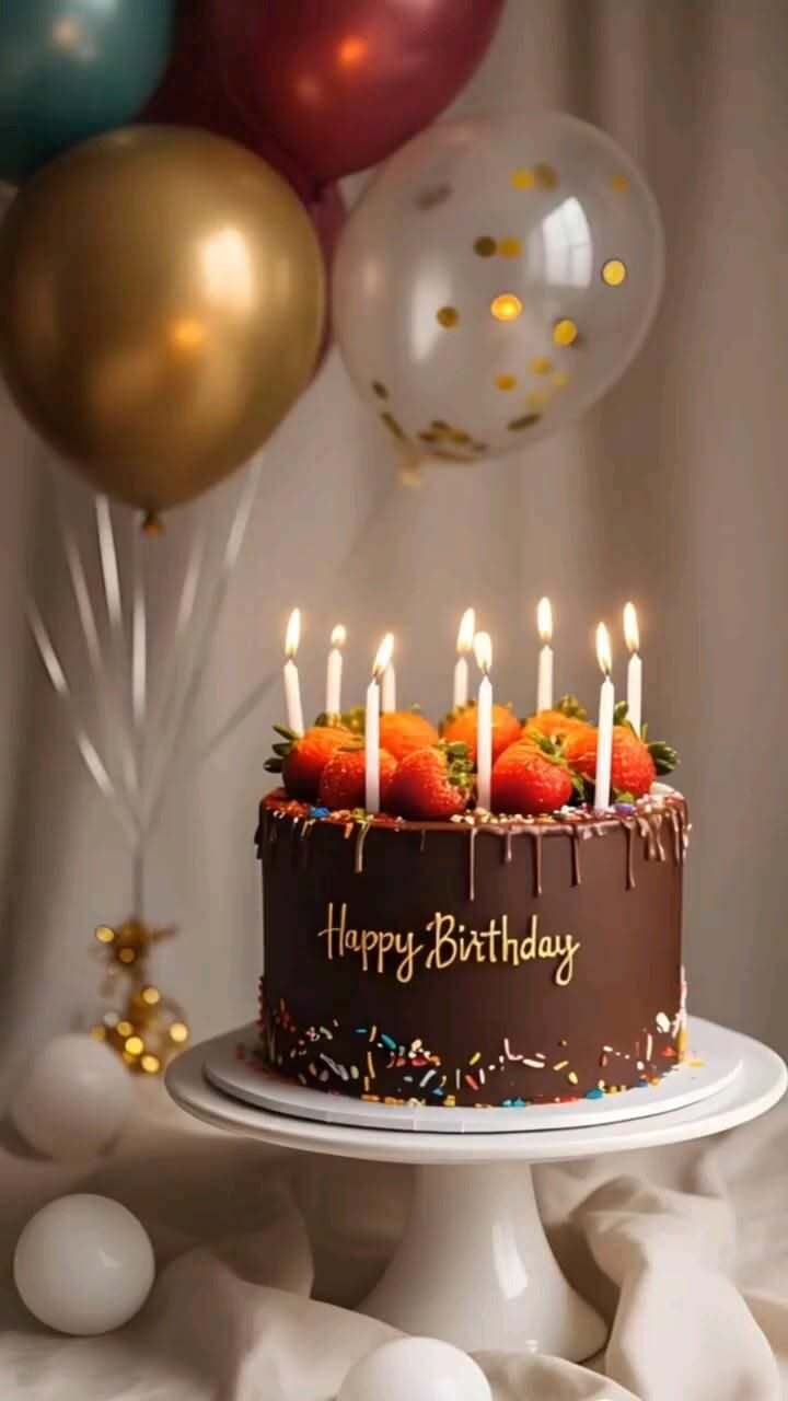Открытка с днем рождения. a birthday cake with lit candles and balloons in the background