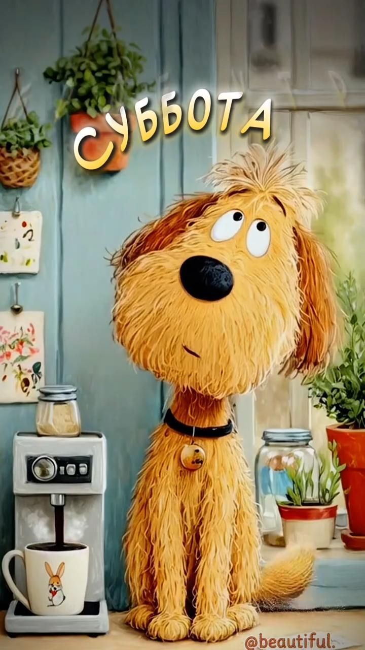 Открытка на субботу. ❤️Доброе утро.Суббота a cartoon dog sitting in front of a coffee maker and potted plant with the caption's name on it