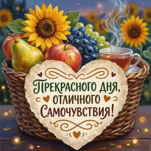 Открытка хорошего дня и настроения. Бабочка, цветы, виноград, пожелания.