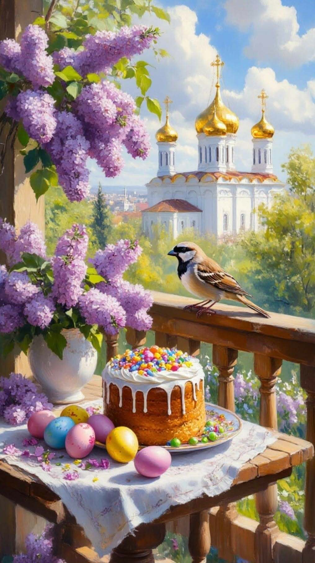 Открытка на Пасху. Нет текста. a painting of a cake on a table with purple flowers in the foreground and a bird perched on top of it