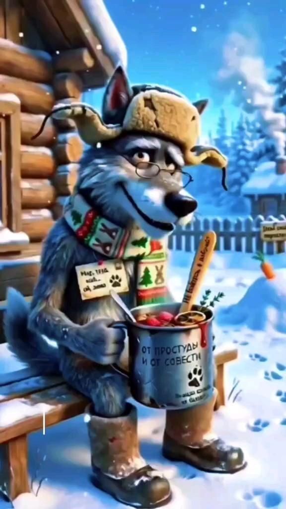 Открытка выздоравливай. Волк с кружкой с надписью от простуды. a painting of a raccoon sitting on a bench in the snow holding a bucket