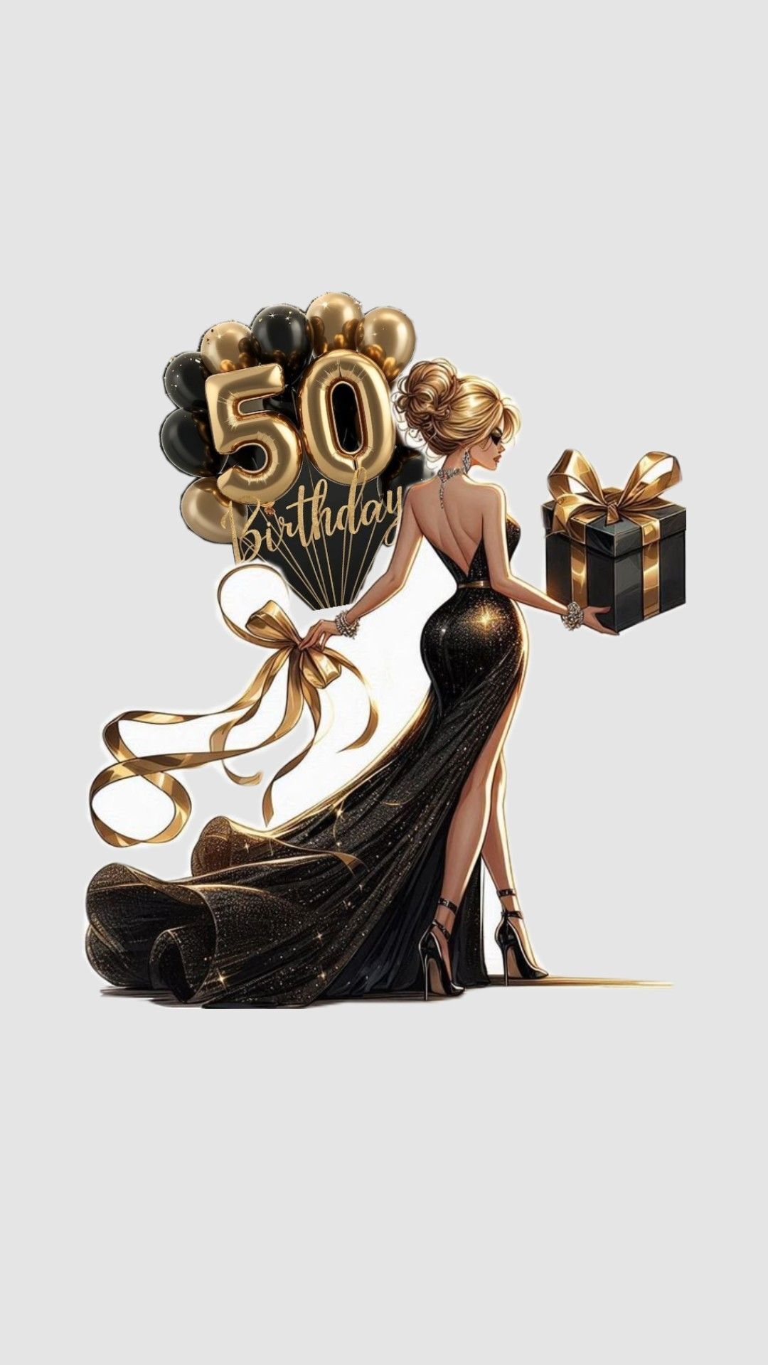 Открытка с днем рождения 50 лет юбилей. 50 Birthday. Девушка в черном с подарком.