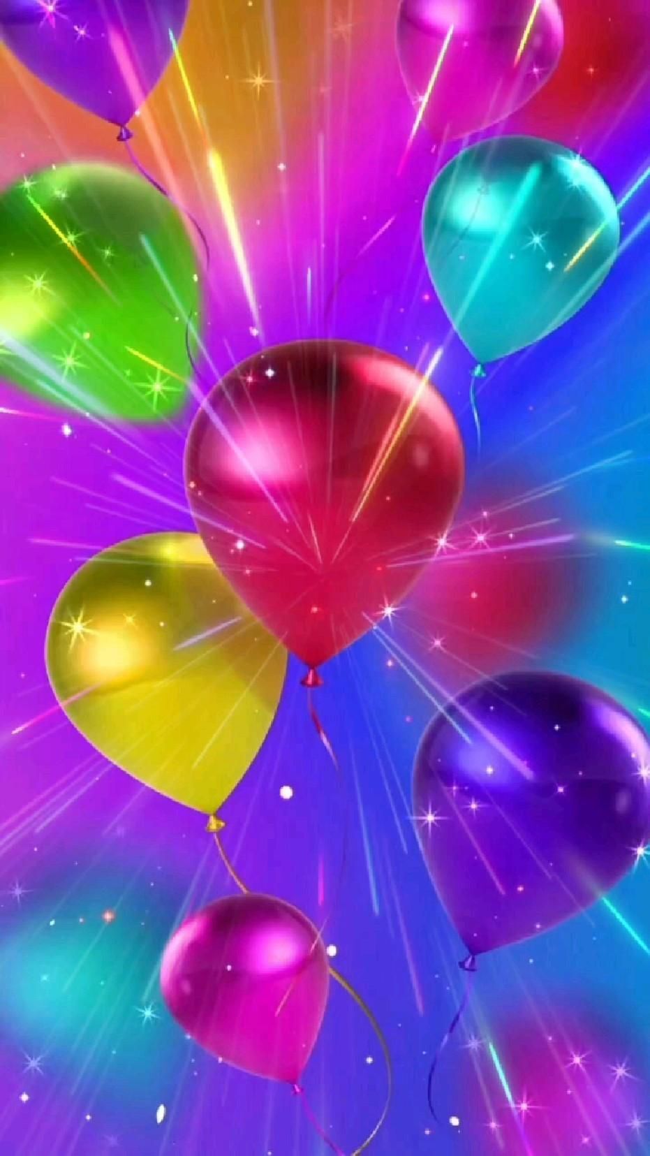 Открытка с днем рождения. Шарики. Нет текста. colorful balloons floating in the air with sparkles and stars around them on a purple background