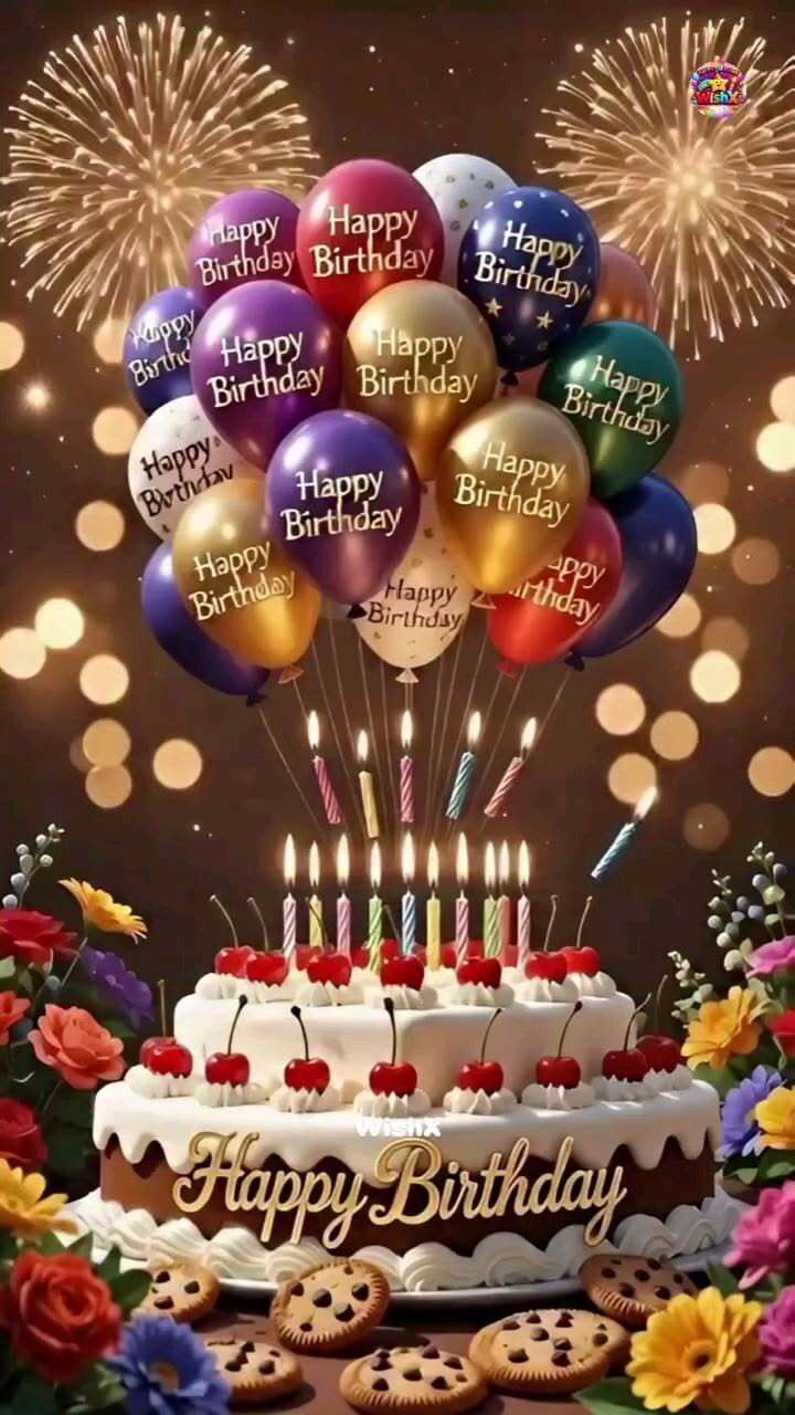 Открытка с днем рождения. happy birthday 🎉 a birthday cake with balloons and cookies on it