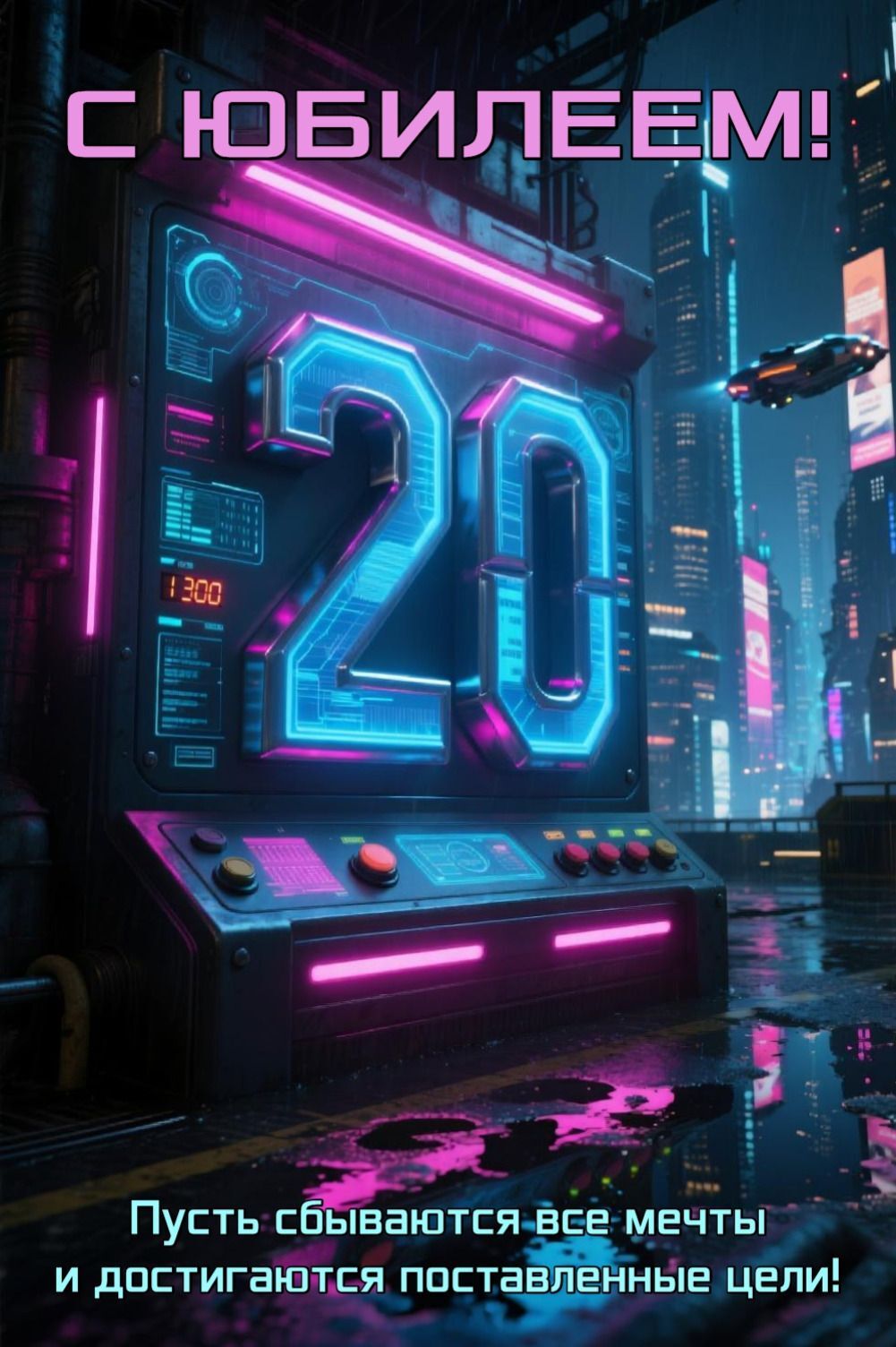 Открытка с днем рождения 20 лет юбилей. Поздравительная открытка в стиле cyberpunk с неоновыми цифрами 20 на огромном digital-экране в футуристическом городе будущего. Атмосферная композиция с яркой сине-розовой неоновой подсветкой, голографическими интерфейсами и киберпанк-эстетикой создает ощущение погружения в мир высоких технологий. Идеальный выбор для поздравления молодого человека с 20-летием, особенно для тех, кто увлекается играми, технологиями и современной digital-культурой. #ДеньРождения #Юбилей #20лет #Парню #Поздравления #Открытки С Юбилеем 20 лет парню! a futuristic city with neon lights and the number twenty on it's front cover