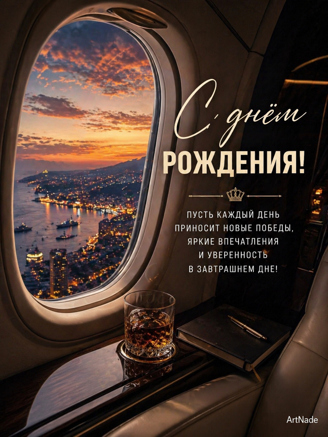 Открытка с днем рождения мужчине. Премиальная открытка с днем рождения для мужчины с атмосферой успеха и высокого уровня жизни. Вид из самолета на ночной город, стиль и детали создают ощущение уверенности, целей и движения вперед. Подойдет для поздравления мужчины, который ценит статус, достижения и новые возможности. Идея красивого и современного поздравления. #сднемрождения #сднемрождениямужчине #открытканаденьрождения #поздравлениемужчине #мужскаяоткрытка #премиумстиль #самолет #ночнойгород #успех #мотивация #статус #мужскойстиль #пожелания #пинтерестидеи #birthdayformen С Днем Рождения мужчине — стильная открытка премиум, самолет, город, успех и мотивация an airplane window with a drink in front of it