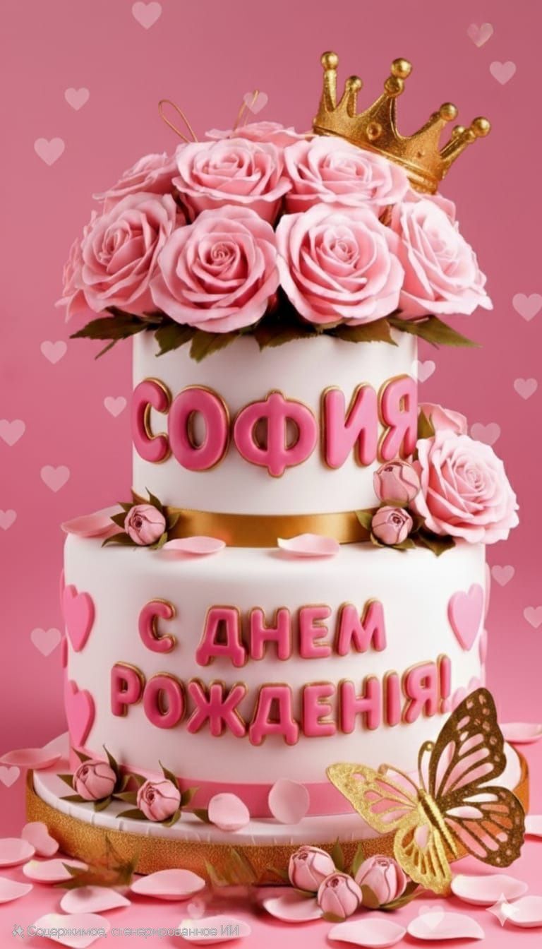 Открытка с днем рождения София Софа. София с днем рождения a three tiered cake with pink roses on top and gold lettering that says'i love you '