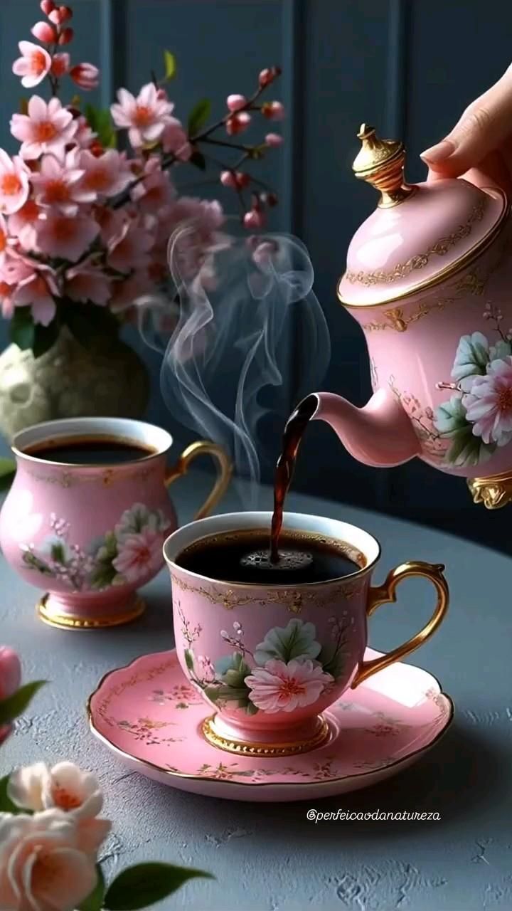 Открытка с добрым утром. Нет текста. a pink teapot pouring coffee into two cups Открытка с добрым утром. Нет текста. a pink teapot pouring coffee into two cups