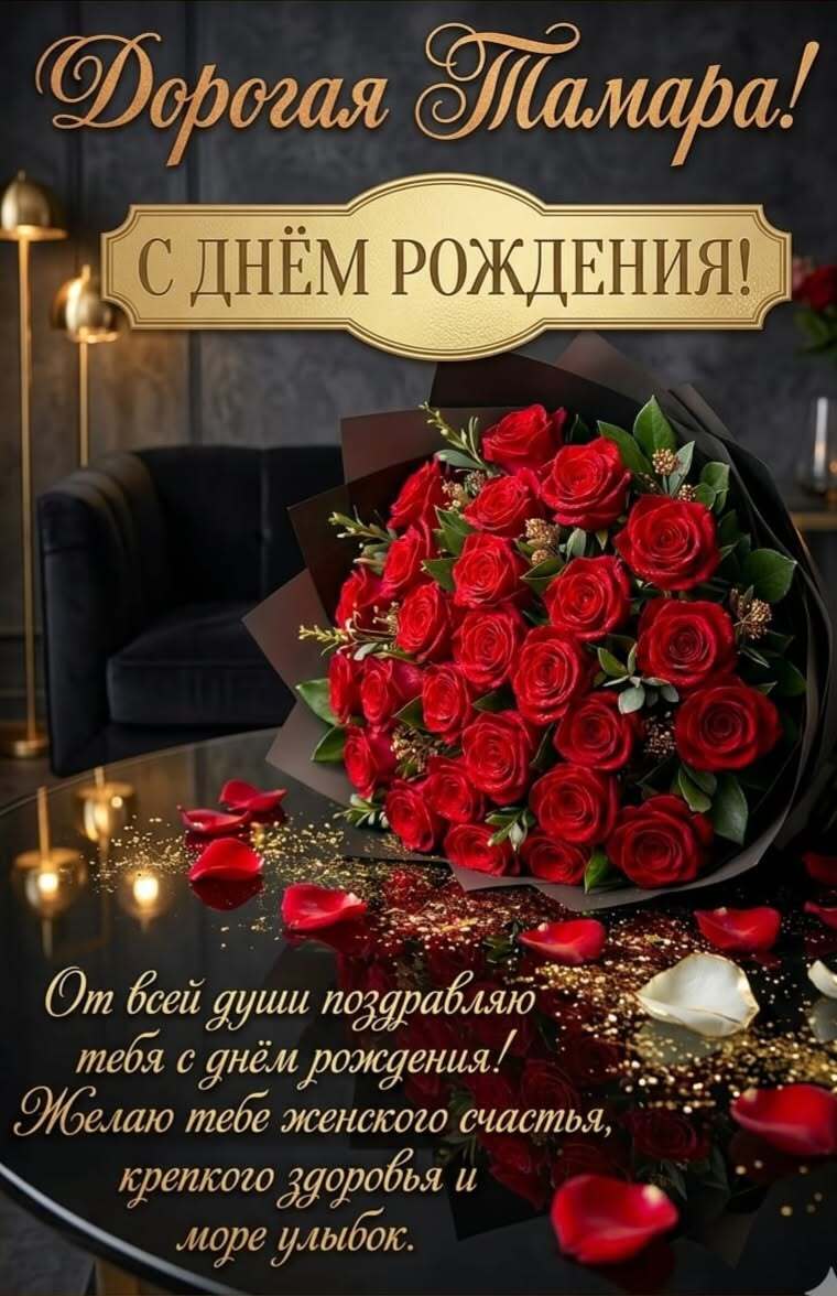Открытка с днем рождения Тамара. Тамара с днем рождения a bouquet of red roses sitting on top of a table