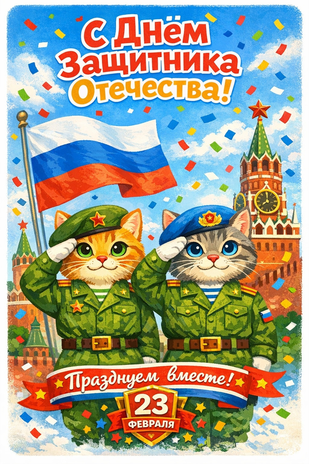 Открытка с 23 февраля День Защитника Отечества. Празднуем вместе. Два котика в форме ВС РФ. Открытка с 23 февраля День Защитника Отечества. Празднуем вместе. Два котика в форме ВС РФ.