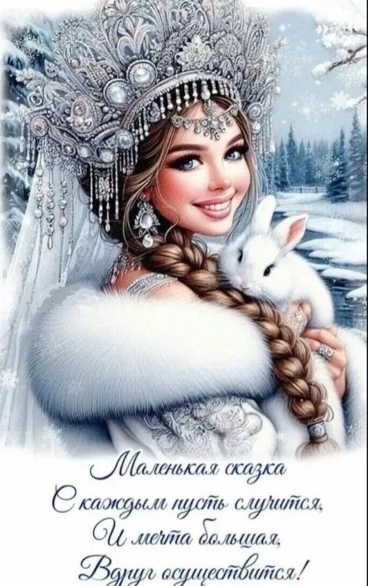 Открытка на Зиму. Зимний лес, девушка с белым кроликом на руках. Пожелания.