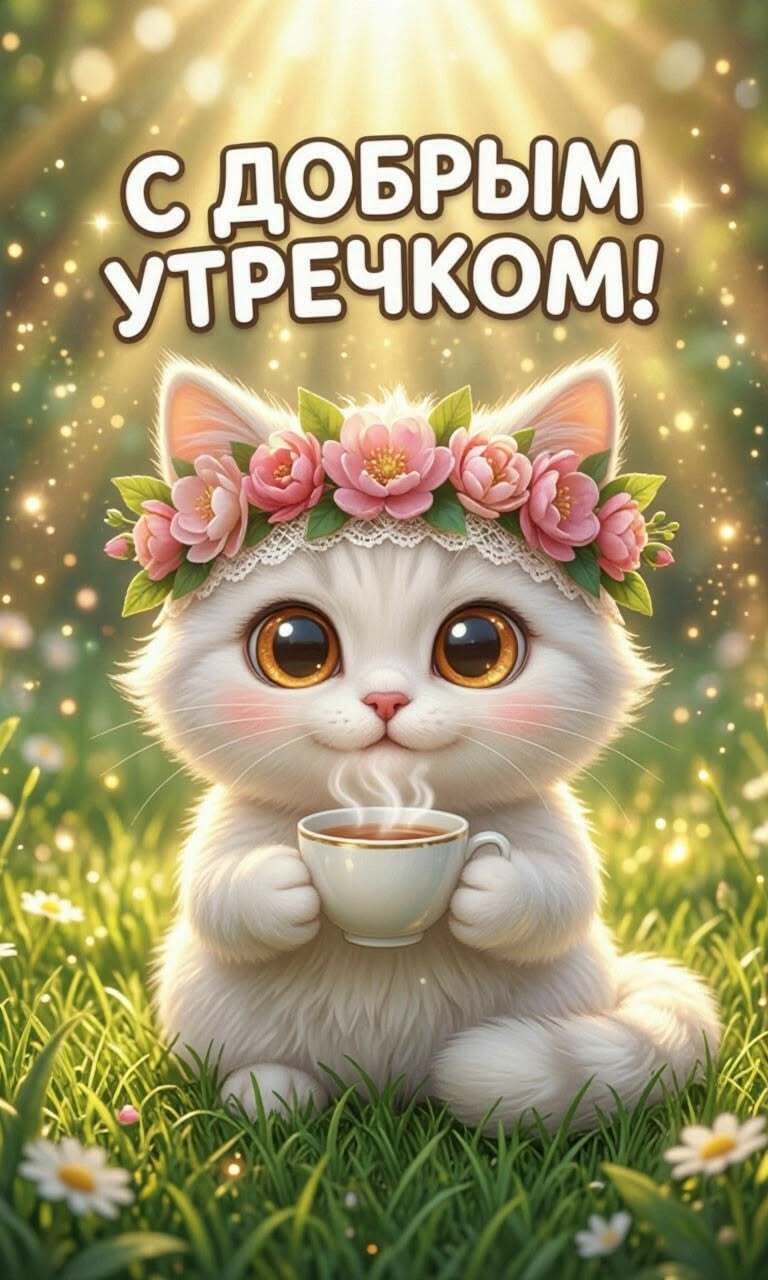 Открытка с добрым утром. Котик с чашкой и в цветочном венке.