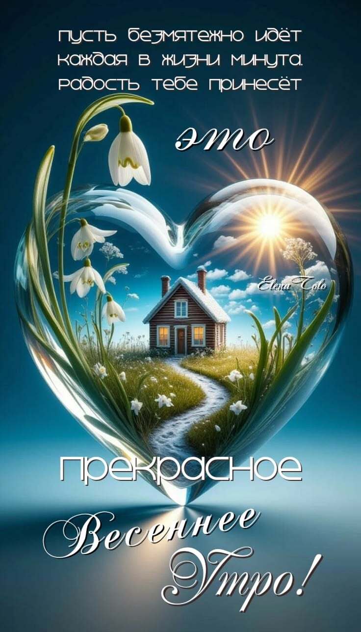 Открытка с добрым весенним утром. В прозрачном сердечке: цветы, домик, солнышко.