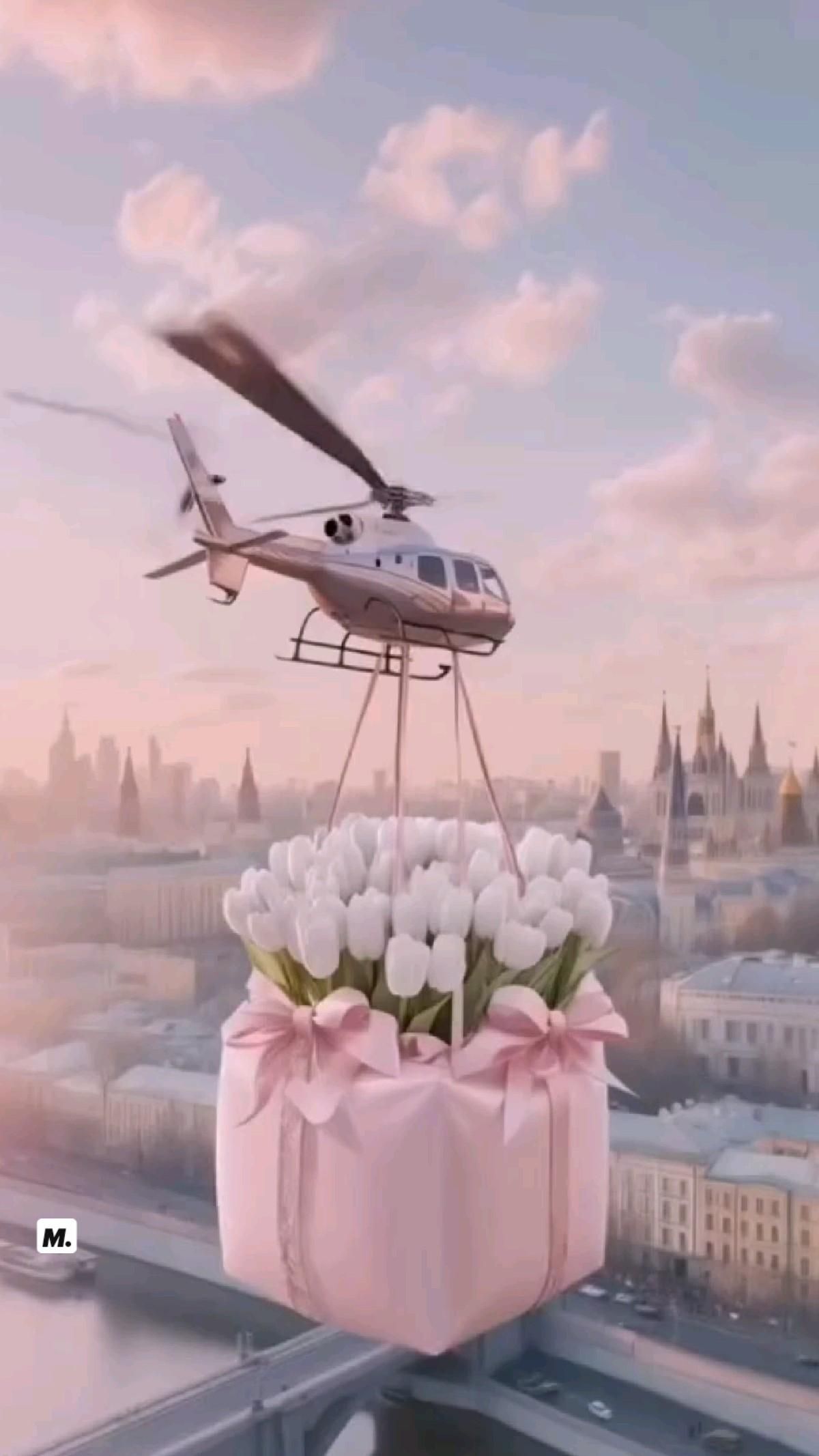 Открытка с днем рождения женщине. Нет текста. Вертолет с цветами. 🤍💐★·.·´¯`·.·★ a helicopter flying over a bunch of white flowers on top of a pink box with a bow