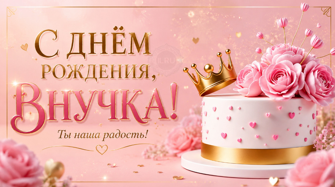 Открытка с днем рождения внучка. Торт, корона принцессы. Ты наша радость!