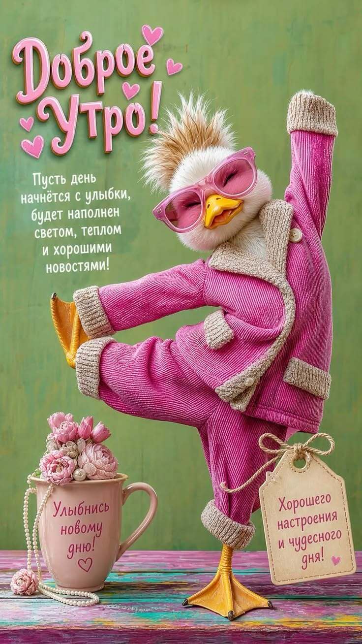 Открытка с добрым утром. Забавная птичка в пижаме. Улыбнись новому дню!