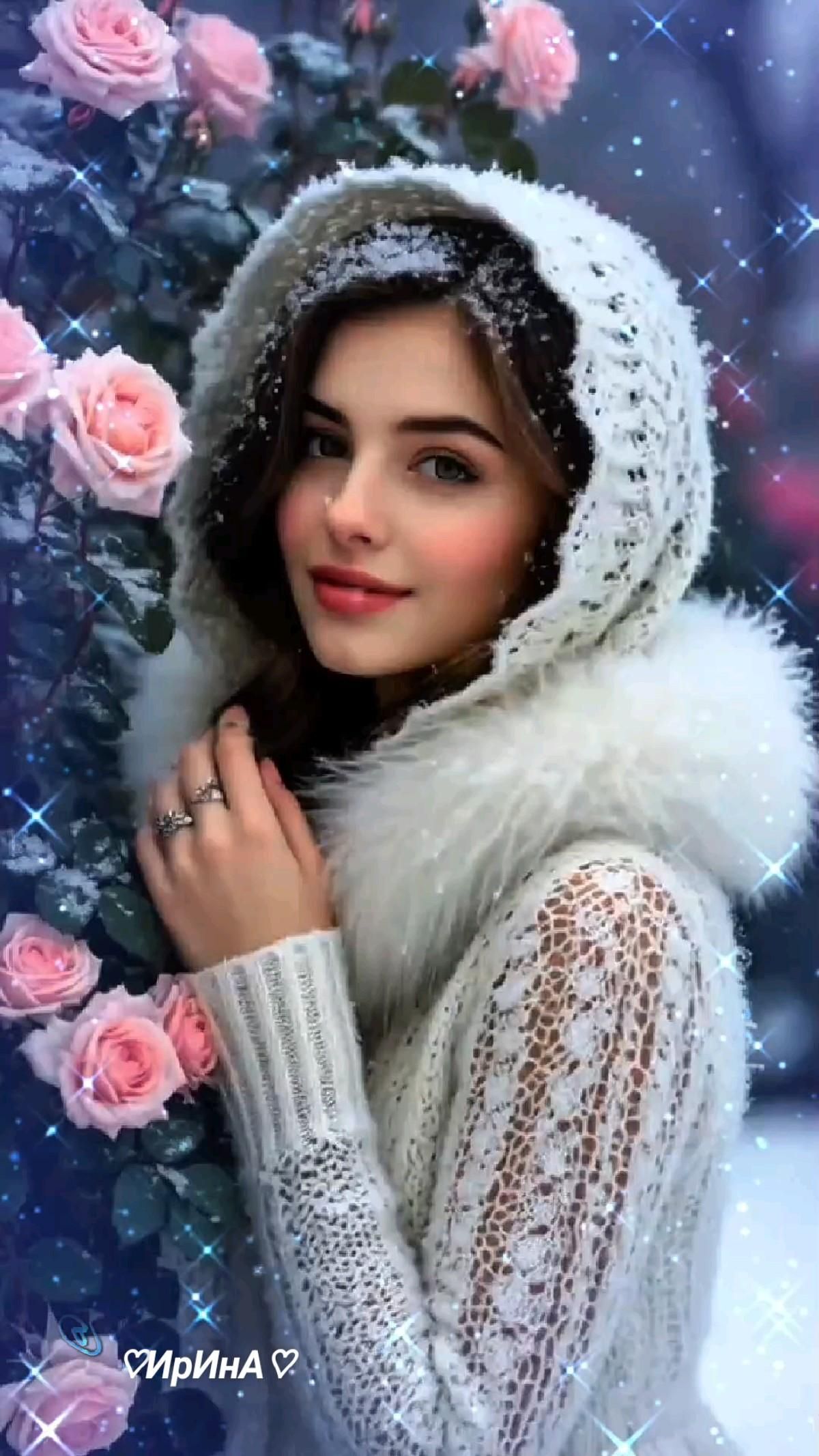 Открытка на Зиму. #доброеутро a beautiful woman wearing a white coat and scarf with roses around her neck in front of a blue background