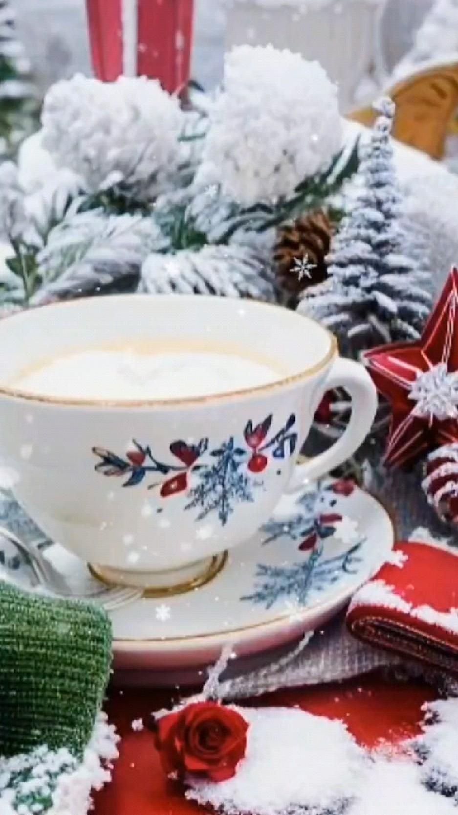Открытка с Новым годом. Доброе утро ❄️❄️ a cup and saucer on a table covered in snow next to christmas decorations, candles and ornaments
