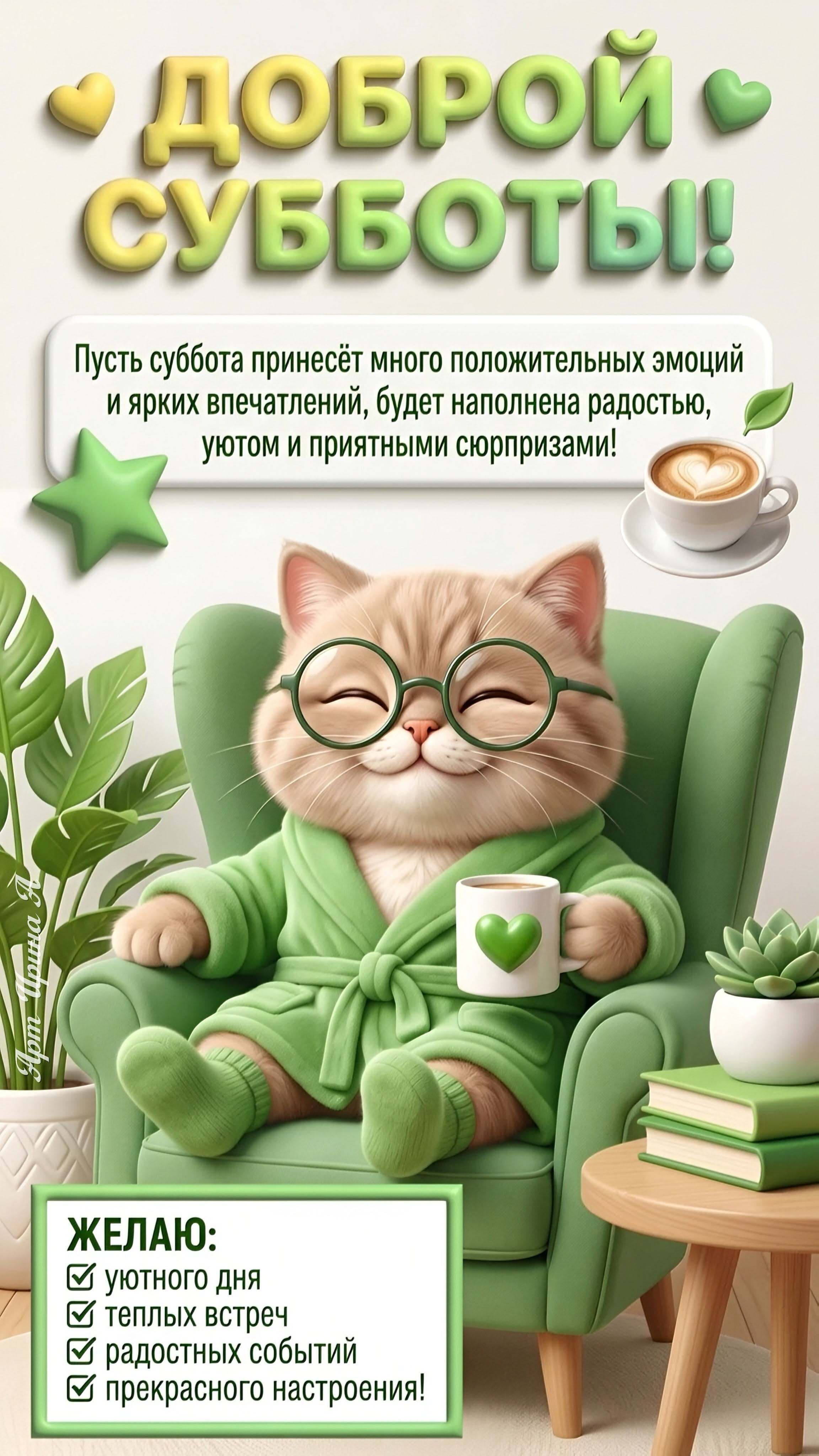 Открытка на субботу. Котик с чашкой, пожелания на субботу. В зеленых тонах.