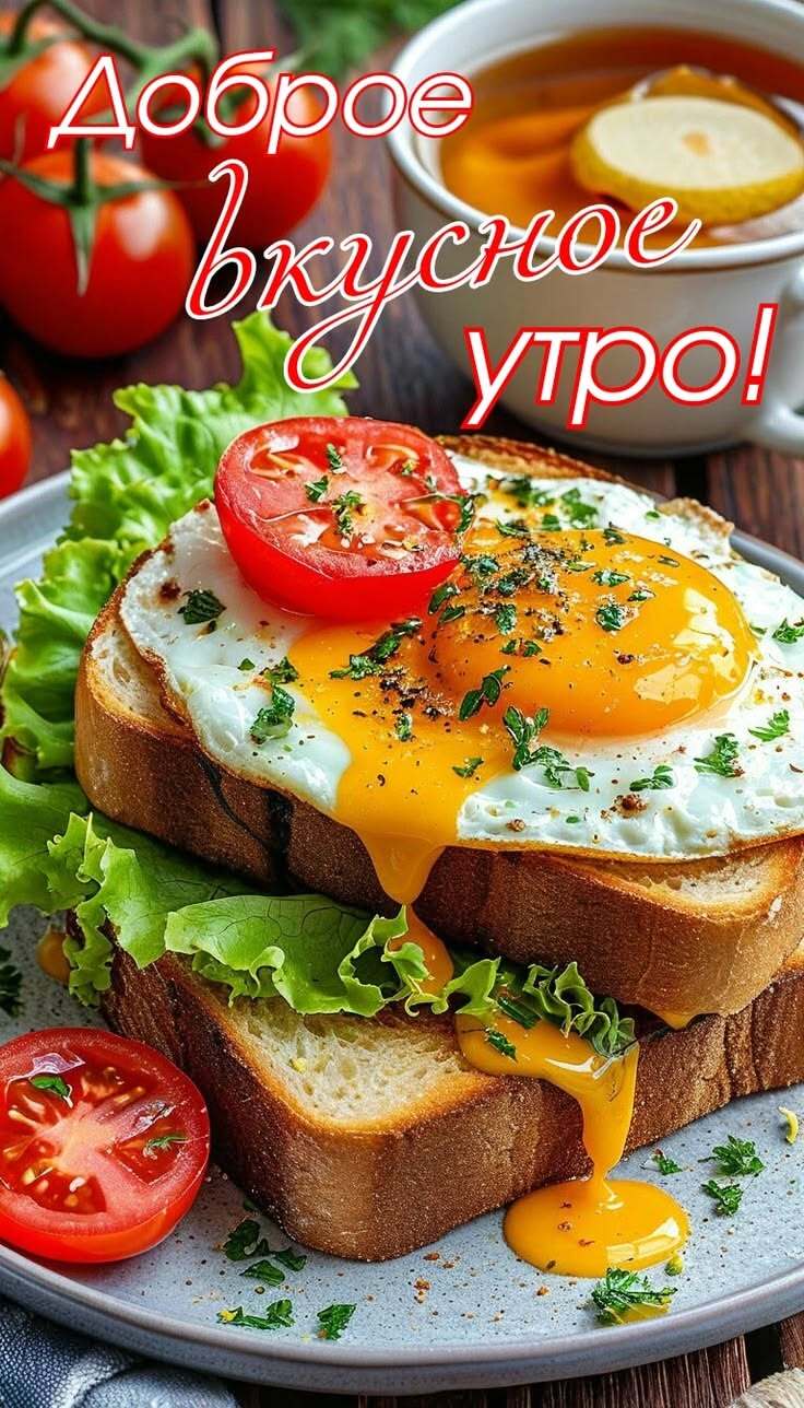 Открытка с добрым утром. Завтрак: яичница, помидоры, чай с лимоном.