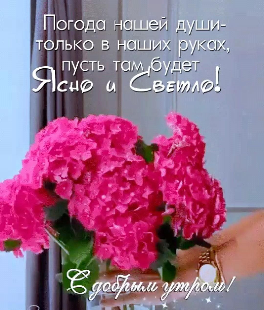 Открытка с добрым утром. a vase filled with pink flowers on top of a table