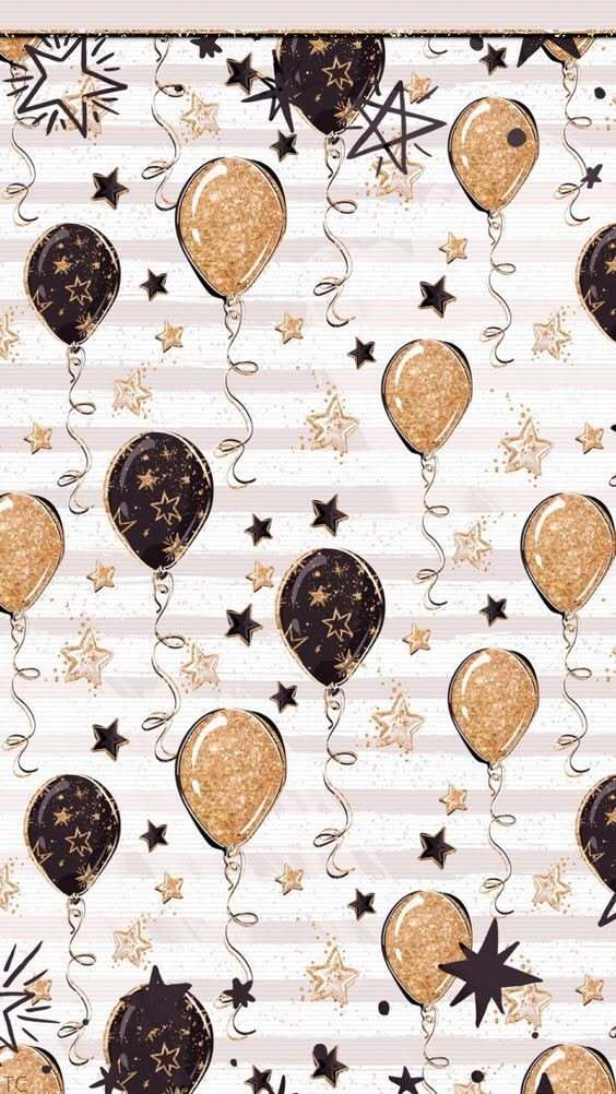 Открытка с днем рождения. Нет текста. a white background with black and gold balloons, stars and confetti on it Открытка с днем рождения. Нет текста. a white background with black and gold balloons, stars and confetti on it