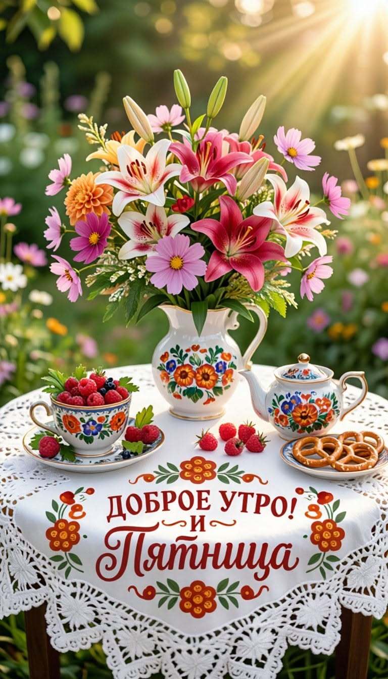 Открытка на пятницу. Доброе утро и пятница. Стол со скатертью, цветы, ягоды, сладости.