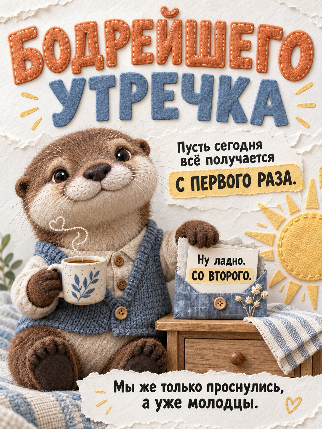 Открытка с добрым утром. Выдра с кофе. Пожелания.