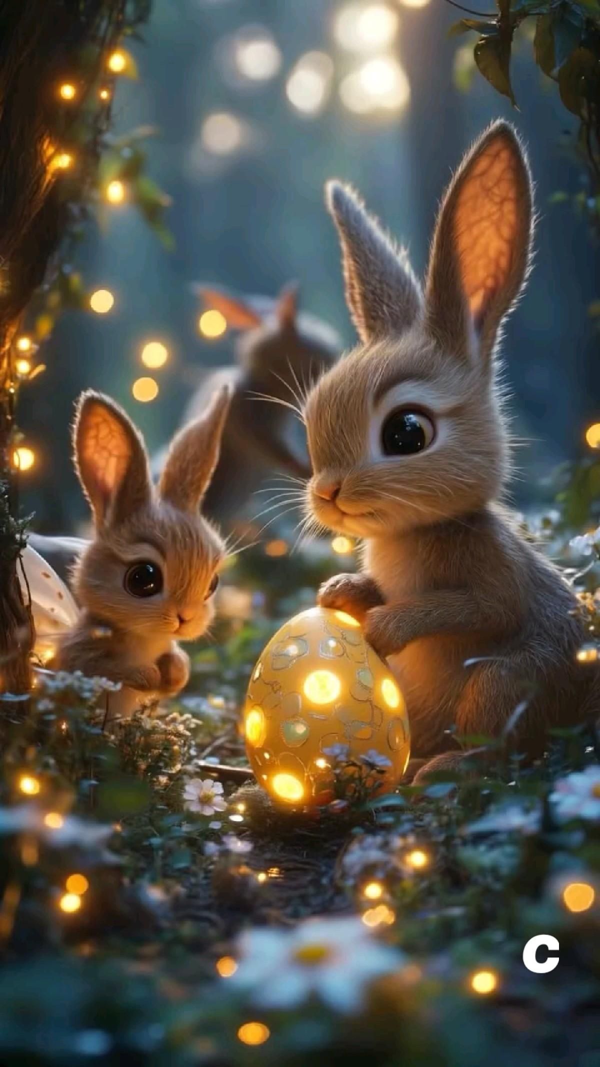 Открытка на Пасху. two rabbits are sitting in the grass with lights around them and one bunny is holding an easter egg