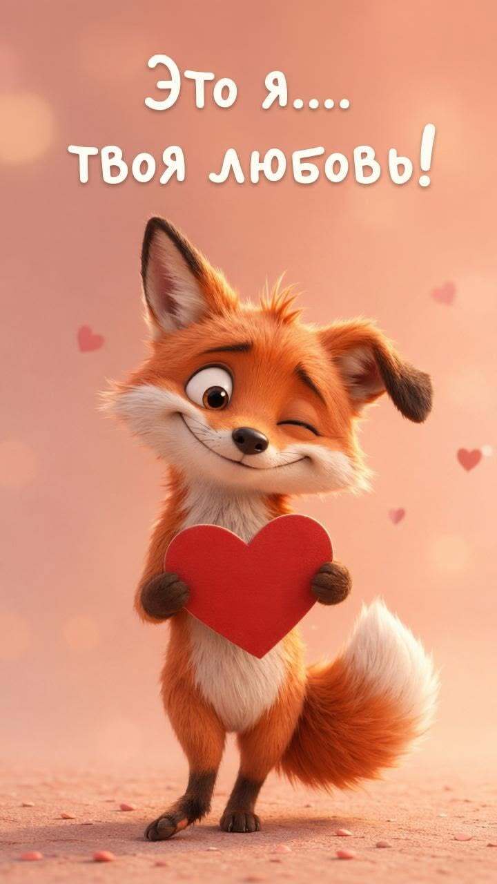 Открытка люблю тебя. Это я... твоя любовь! a red fox holding a heart in it's paws