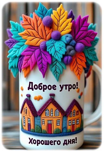 Открытка с добрым утром. Чашка с разноцветными искусственными листьями.