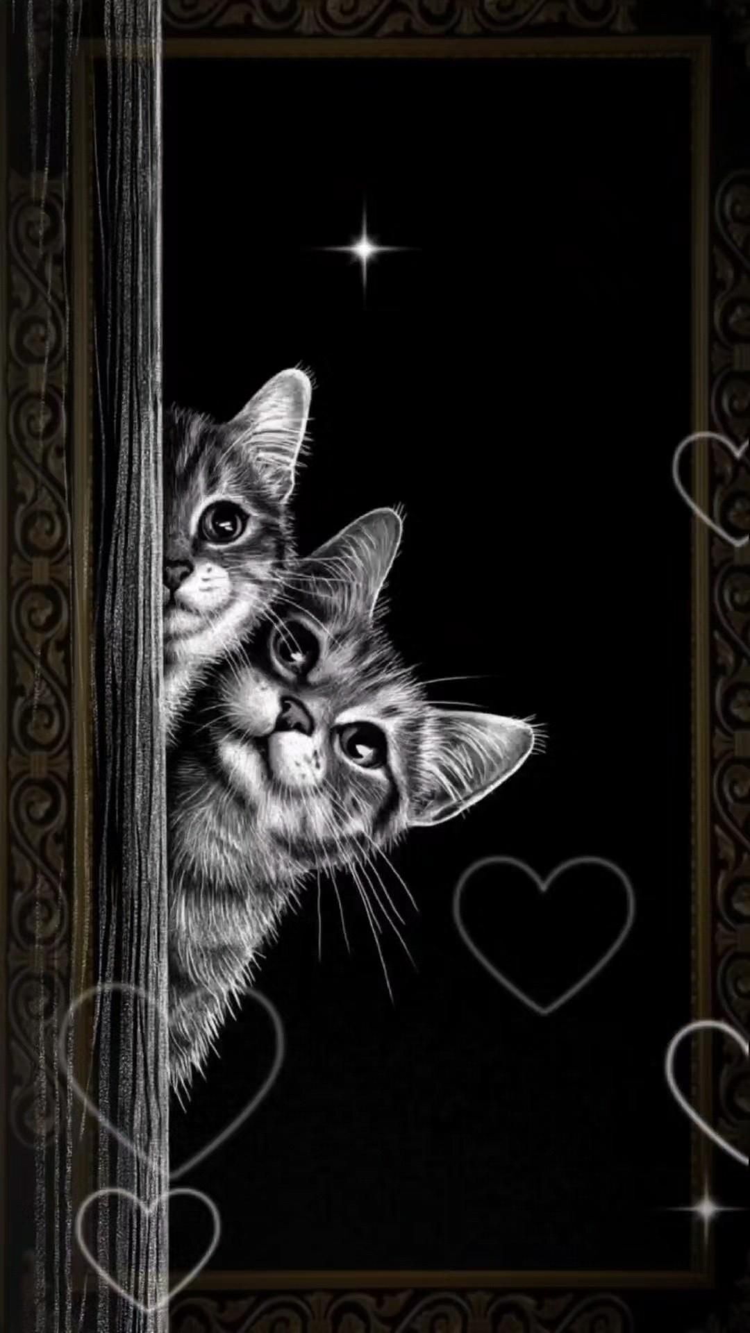 Открытка спокойной ночи. ДОБРОЙ ночи two kittens are peeking out from behind a curtain with hearts in the dark background