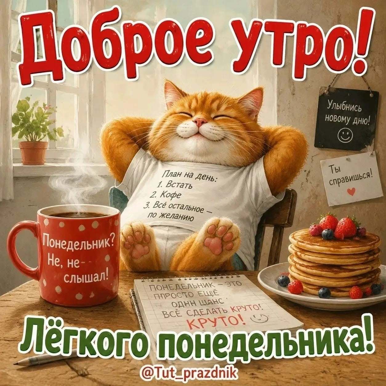 Открытка на понедельник. Вальяжный котик за столом. Кофе, сладости.
