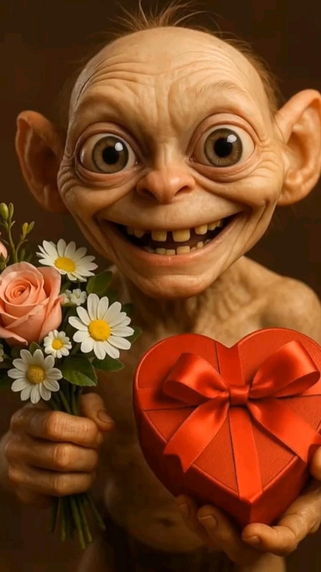 Открытка Прикольные с днем рождения. LOVE YOU🥰 люблю тебя🥰 LOVE YOU🥰 люблю тебя🥰 a troll holding a bouquet of flowers and a heart shaped box