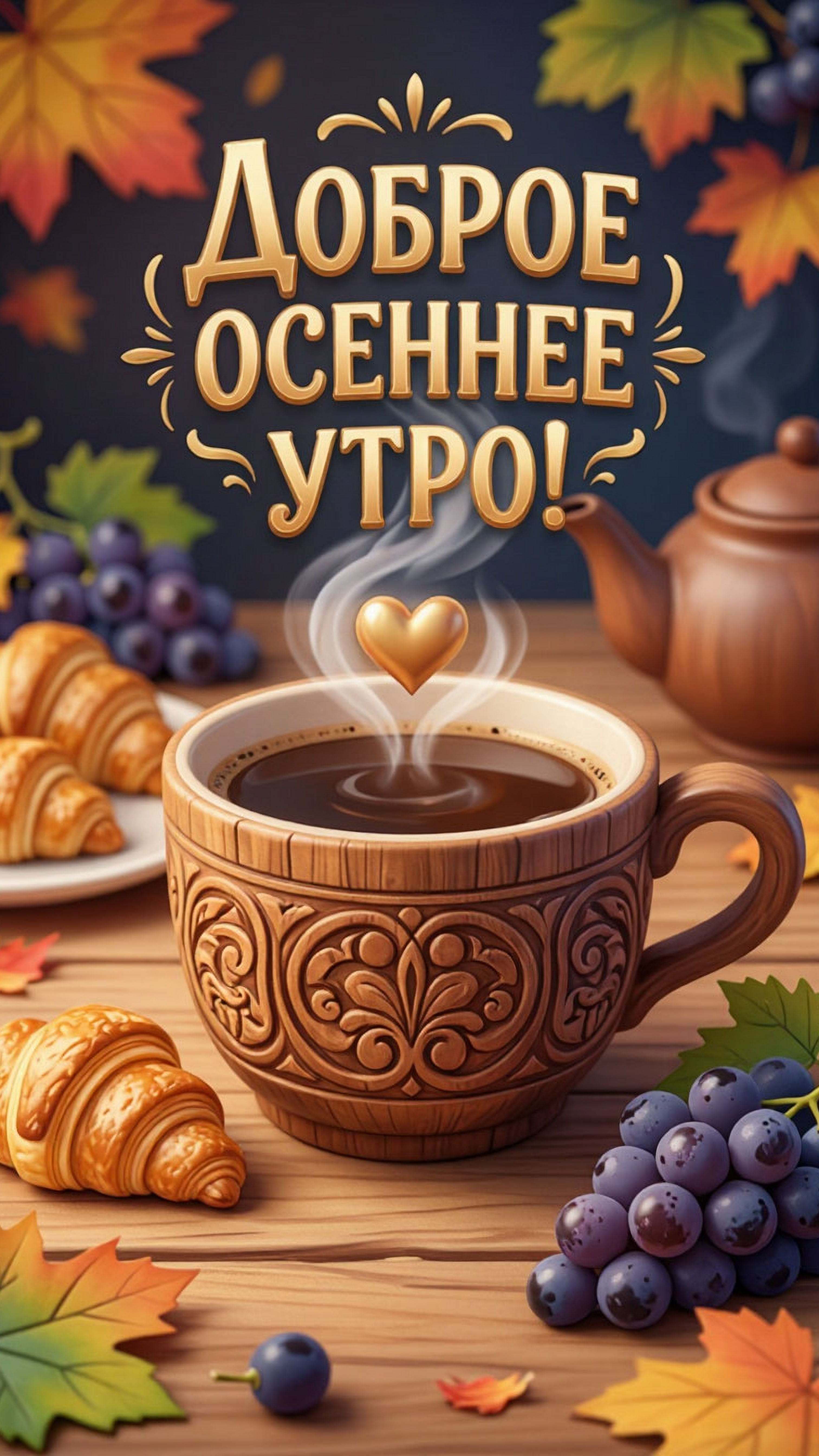 Открытка с добрым осенним утром. Чашка с кофе, виноград, круассаны, осенние листья.