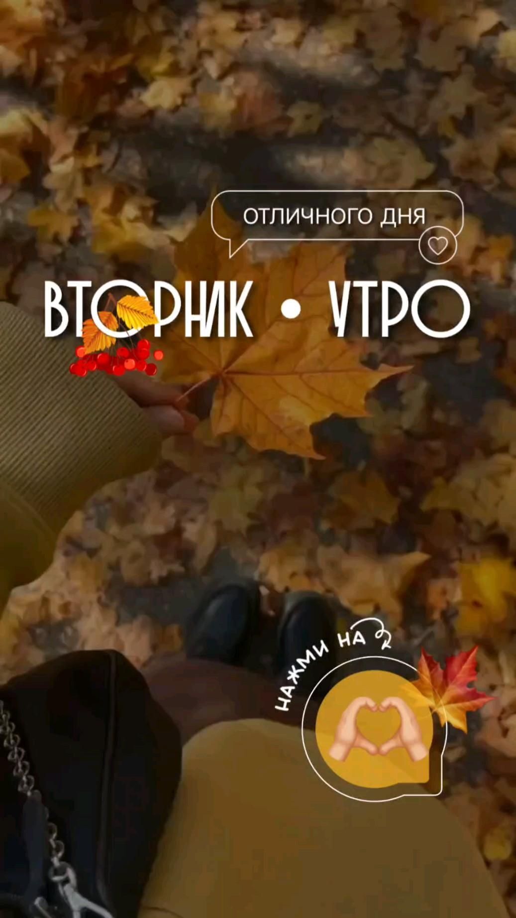 Открытка на вторник. Доброе утро, вторник a person holding an autumn leaf in their hand with the words, russian and english on it