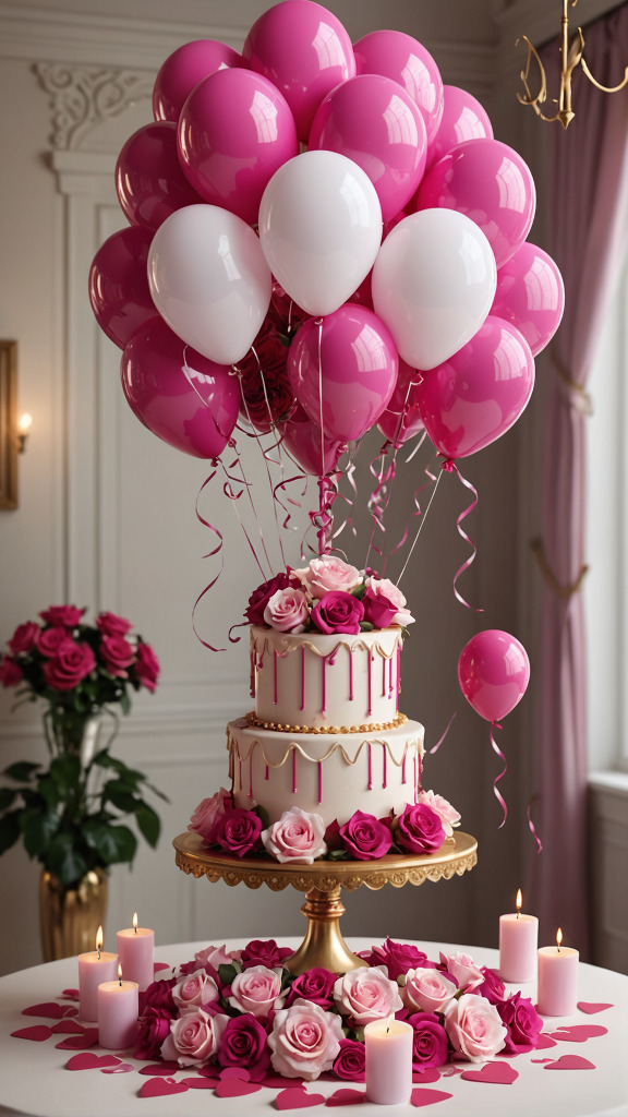 Открытка с днем рождения женщине. Нет текста. a cake with pink and white balloons on top is sitting on a table next to candles
